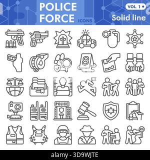 Collection ou croquis de symboles de la force de police, thème de la loi et de l'ordre dans des signes de style de ligne pour le web et l'application. Graphiques vectoriels isolés sur fond blanc Illustration de Vecteur