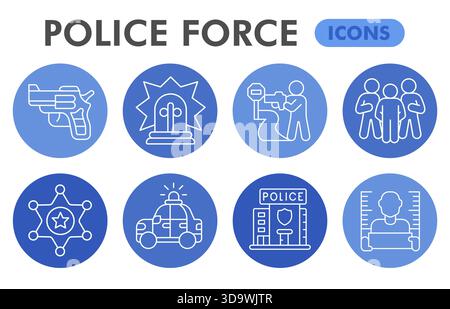 Collection ou croquis de symboles de la force de police, bulle de thème de la loi et de l'ordre avec des signes de style de ligne mince pour le web et l'application. Graphiques vectoriels isolés sur blanc Illustration de Vecteur