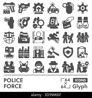 Collection ou croquis de symboles de la force de police, thème de la loi et de l'ordre dans des signes de style glyphe pour le web et l'application. Graphiques vectoriels isolés sur fond blanc Illustration de Vecteur