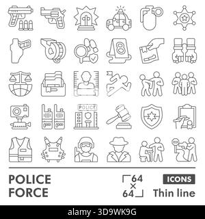 Collection ou croquis de symboles de la force de police, thème de la loi et de l'ordre dans des signes de style de ligne mince pour le web et l'application. Graphiques vectoriels isolés sur fond blanc Illustration de Vecteur