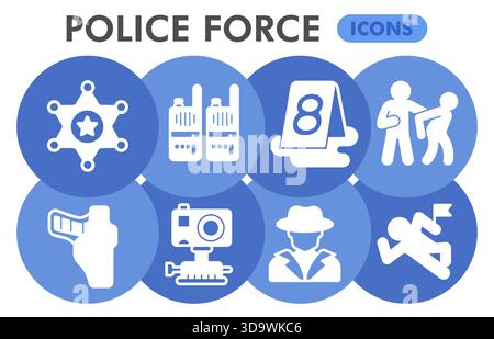Collection ou croquis de symboles de la force de police, bulle de thème de la loi et de l'ordre avec des signes de style glyphe pour le web et l'application. Graphiques vectoriels isolés sur dos blanc Illustration de Vecteur