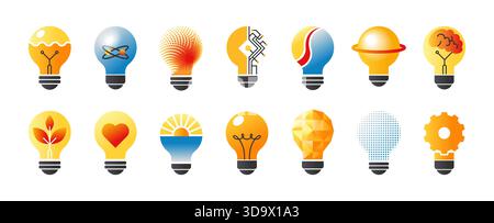 Logo idée. Ampoule. Icône technologie. Laboratoire électrique ou concept Smart Mind. Aperçu de la formation des étudiants. Allumez la lampe. Énergies renouvelables. Innovation scientifique. Engrenage à roue dentée. Jeu de symboles d'ampoule vectorielle Illustration de Vecteur