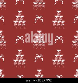 Un motif sans couture avec des cocktails fantaisistes, une tour de verre et des arcs. Fond vintage rouge dessiné à la main. Illustration vectorielle de contour pour les mariages, la Saint-Valentin et les anniversaires Illustration de Vecteur