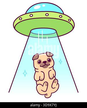 Des extraterrestres sur une soucoupe volante enlèvent un chien. Carillon de dessin animé drôle et dessin d'OVNI, illustration vectorielle. Illustration de Vecteur