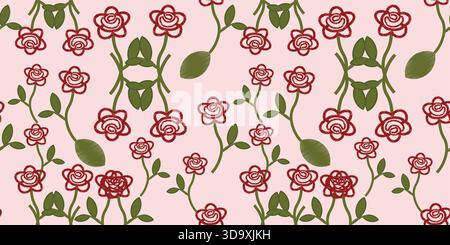 Motif de broderie florale simple avec des roses et des feuilles d'art au trait propre dans des contours vectoriels minimaux faciles à tracer parfait pour une décoration répétitive lisse Illustration de Vecteur