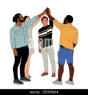 Des personnes diverses debout dans un geste de cinq hauts Illustration de Vecteur