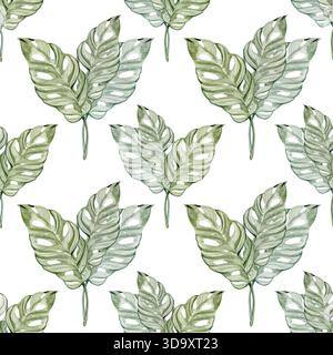 Un motif botanique sans couture avec des feuilles tropicales aquarelle avec des formes naturelles et des nuances vertes douces. Design élégant, frais et organique idéal Banque D'Images