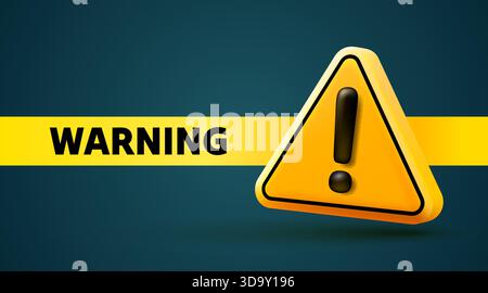 Panneau d'avertissement 3D moderne avec point d'exclamation et texte D'AVERTISSEMENT sur fond bleu-vert foncé. Illustration vectorielle Illustration de Vecteur