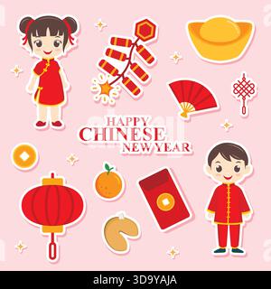 Ensemble d'illustration vectorielle minimaliste d'éléments autocollants mignons du nouvel an chinois pour les médias sociaux, couverture, arrière-plans, bannières, affiches Illustration de Vecteur