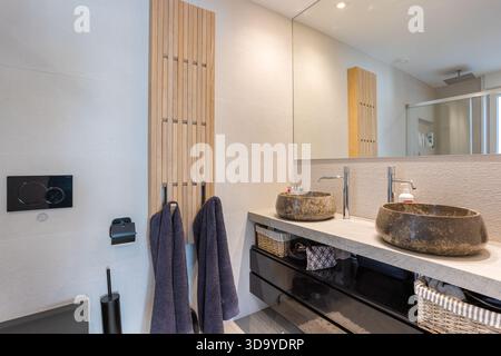 Salle de bains moderne avec lavabos en pierre double, garnitures en bois et luminaires minimalistes Banque D'Images