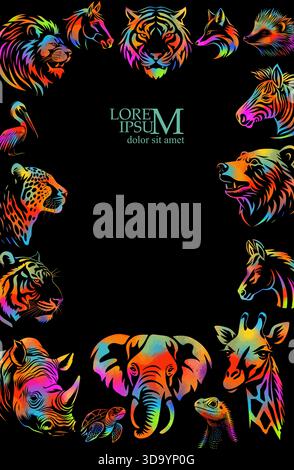 Cadre avec différents animaux colorés. Afrique coloré abstrait avec des animaux. dessin à la main. Pas ai, illustration vectorielle Illustration de Vecteur