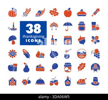 Un ensemble vectoriel complet de 38 icônes en noir et blanc liées à Thanksgiving, l'automne et la récolte. Inclut la nourriture, la nature et les symboles festifs pour HO Illustration de Vecteur