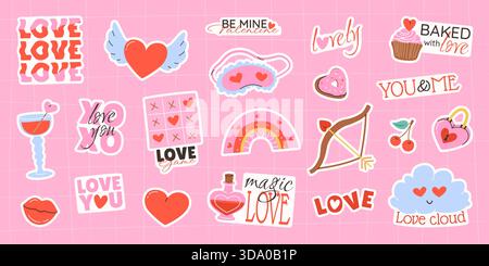 Lot d'autocollants Saint-Valentin. Eléments isolés. Illustration de Vecteur