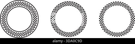 Ensemble de cadres ronds avec imprimé à damier noir et blanc. Vignettes avec damier, drapeau de rallye ou motif d'avion de jeu d'échecs. Géométrique circulaire Illustration de Vecteur