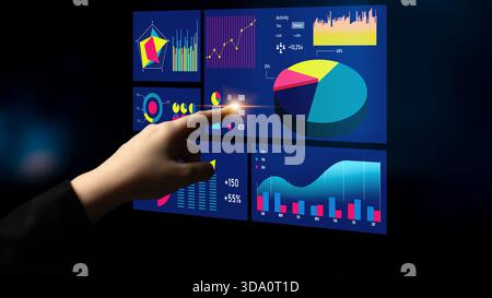Une main interagit avec un écran tactile numérique affichant divers graphiques et diagrammes, illustrant les mesures commerciales et les analyses pour une décision efficace Banque D'Images