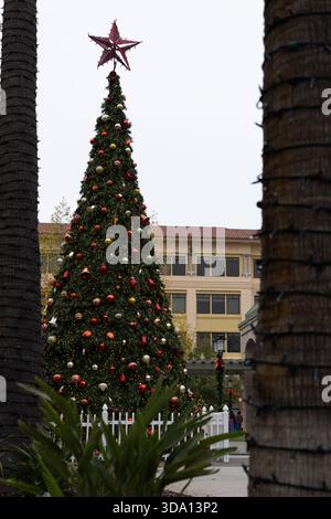Un grand arbre de Noël est décoré d'ornements dans un espace public entouré de palmiers et de bâtiments. Banque D'Images