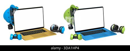 Ordinateurs portables avec des écrans vierges entourés de casques de construction, respirateurs et protections auditives isolés sur fond blanc avec chemin de clipping, symbolisant w Banque D'Images