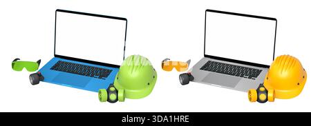 Ordinateurs portables avec des écrans vierges entourés de casques de construction, respirateurs et protections auditives isolés sur fond blanc avec chemin de clipping, symbolisant w Banque D'Images