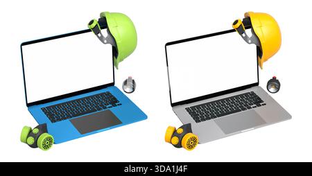 Ordinateurs portables avec des écrans vierges entourés de casques de construction, respirateurs et protections auditives isolés sur fond blanc avec chemin de clipping, symbolisant w Banque D'Images