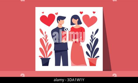 Une illustration vectorielle de conception plate romantique représentant un couple aimant échangeant ou présentant une boîte-cadeau, entourée de symboles de cœur. Illustration de Vecteur