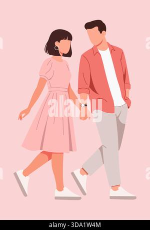 Une illustration vectorielle de conception plate élégante d'un couple moderne marchant ensemble et se tenant par la main. Les personnages sont habillés à la mode. Illustration de Vecteur