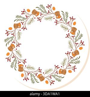 Autocollant rond plat en forme de couronne de baies de pin Illustration de Vecteur