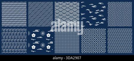 Ensemble de motifs sans couture japonais, collection de fond japonais bleu, papiers peints géométriques, texture japonaise traditionnelle blanche Illustration de Vecteur