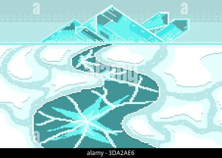 Cristaux et fractures de gel avec des textures fissuré plancher dans l'esthétique du monde de glace, pixel de paysage de neige d'hiver. Illustration de Vecteur