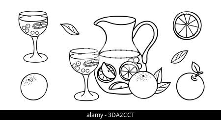 Set de sangria. Verre à cocktail et pichet ou pichet avec fruits à l'orange et à la pomme. Boisson rafraîchissante d'été. Illustration vectorielle dessinée à la main de l'espagnol Illustration de Vecteur