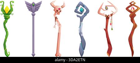 Des trucs d'assistant. Bâton en bois avec des éléments magiques phosphorescents armes de sorciers vectoriels exacts Illustration de Vecteur