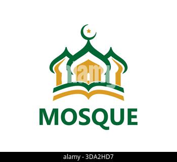 Icône ou étiquette graphique de mosquée musulmane islamique. Symbole d'école de mosquée arabe, emblème vectoriel abstrait de bibliothèque de culture musulmane. Centre de religion islamique signe ou icône avec des sommets de minaret, croissant et typographie Illustration de Vecteur