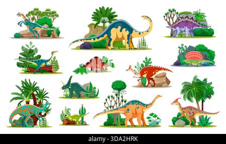 Personnages de dinosaures préhistoriques parmi les plantes paysagères. Oviraptor, Gallimimus, Jaxartosaurus et Psittacosaurus, Chasmosaurus, dinosaures vecteurs de dessins animés de Wuerhosaurus, arbres préhistoriques et plantes fougères Illustration de Vecteur