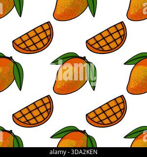 Un motif vectoriel sans couture vibrant avec des mangues mûres et leurs segments tranchés, avec une texture mouchetée ludique et des feuilles vertes fraîches. Illustration de Vecteur