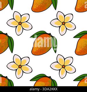 Un motif vectoriel sans couture avec des mangues mûres avec des feuilles vertes et des fleurs de plumeria délicates, rendu avec une texture mouchetée et des contours audacieux o Illustration de Vecteur