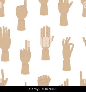 Mannequins à main en bois. Modèle sans couture de bras, mains en bois montrant différents signes et numéros. Modèle d'art pour les peintres, fond vectoriel Illustration de Vecteur