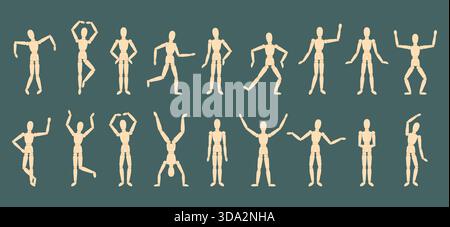 Mannequins texturés en bois clair. Mannequin dans diverses poses, modèle pour peintre, dessinateur pour les œuvres d'art et le dessin. Clipart vectoriel des outils de conception Illustration de Vecteur
