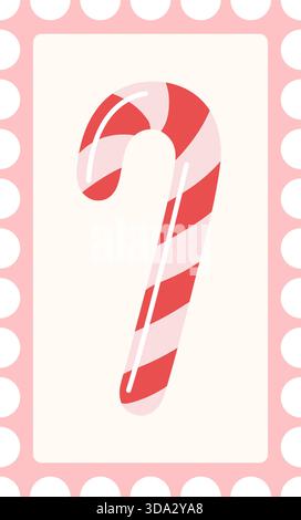 Timbre-poste de Noël avec canne de bonbon avec des rayures rouges et rose clair, bordure perforée rose. Illustration vectorielle de style plat. Idéal pour le courrier de vacances, la papeterie de Noël et les motifs de friandises sucrées. Illustration de Vecteur