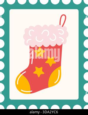 Timbre-poste de Noël avec bas de Noël rouge décoré, manchette floue, bordure perforée sarcelle. Illustration vectorielle de style plat. Idéal pour le courrier des fêtes, la papeterie de Noël et la conception d'emballage cadeau. Illustration de Vecteur