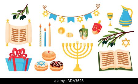 Ensemble d'éléments et d'attributs de vacances Hanukkah. Hanoukkiah, Torah, dreidel, sufganiyot, pièce de monnaie, étoile de David, bougies, branche d'olivier. Vecteur plat illust Illustration de Vecteur