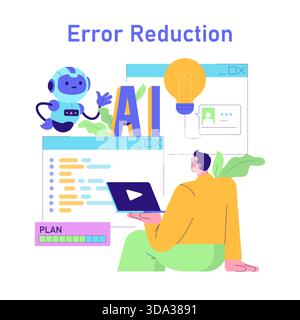 Illustration vectorielle d'un robot IA et d'une personne collaborant à la réduction d'erreurs dans une interface numérique. Affiche les éléments de codage, la communication et la planification pour des résultats optimisés. Illustration de Vecteur