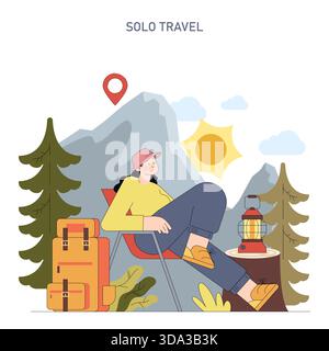 Illustration vectorielle d'un voyageur solo se relaxant dans les montagnes. L'individu est assis dans une chaise avec un chapeau, un sac à dos et une lanterne, entouré d'arbres et d'un paysage ensoleillé. Illustration de Vecteur