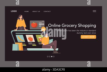 Illustration vectorielle de deux personnes s'engageant dans l'épicerie en ligne. L'un se tient à côté d'un ordinateur portable géant affichant des fruits et légumes tandis que l'autre est assis à l'aide de l'ordinateur portable. Les sacs à provisions sont visibles. Illustration de Vecteur
