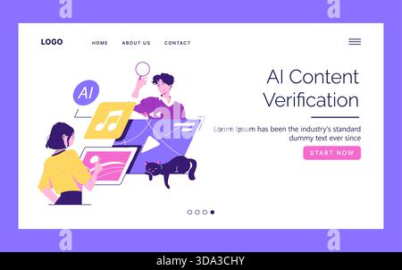 Illustration vectorielle présentant une scène de vérification de contenu IA. Deux personnes interagissent avec les interfaces numériques, l'une tenant une loupe. Divers éléments numériques les entourent, démontrant l'interaction technologique. Illustration de Vecteur