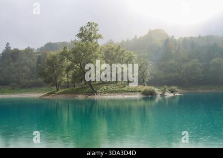Petite île couverte d'arbres sur l'eau Turquoise du lac Tenno Banque D'Images