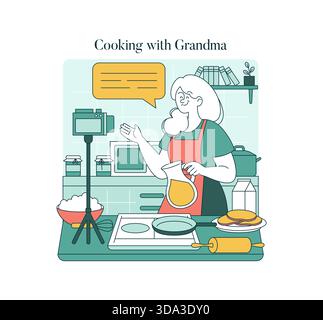 Illustration vectorielle montrant une femme joyeuse cuisinant dans une cuisine. Elle tient un pichet et prépare un repas, engageant avec un public en ligne. Des outils de cuisine et des ingrédients l'entourent. Illustration de Vecteur