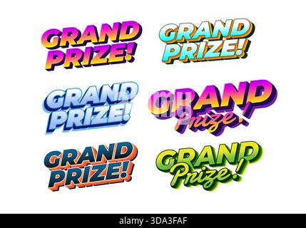Une collection de six motifs de texte colorés et stylisés mettant en vedette l'expression Grand Prix ! dans diverses polices et combinaisons de couleurs. Illustration de Vecteur
