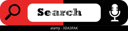 Design graphique avec une loupe et une icône de microphone sur une barre rouge et noire divisée, représentant la fonctionnalité de recherche et de saisie vocale. Illustration de Vecteur