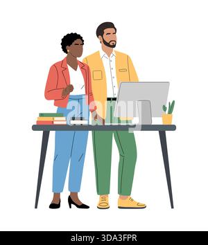 Deux collègues debout à un bureau moderne Illustration de Vecteur