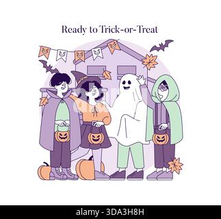 Illustration vectorielle sur le thème d'Halloween mettant en vedette un groupe d'amis dans des costumes prêts à jouer. Inclut des vêtements ludiques comme une sorcière, un fantôme et des personnages capotés avec des expressions animées. Illustration de Vecteur