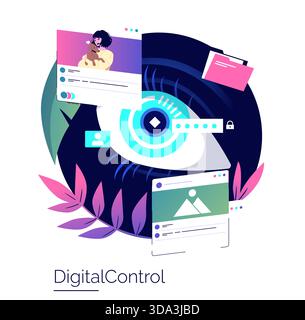 Illustration vectorielle représentant un grand œil numérique entouré d'icônes de médias sociaux et de données, symbolisant le contrôle numérique et les concepts de confidentialité en ligne. Illustration de Vecteur